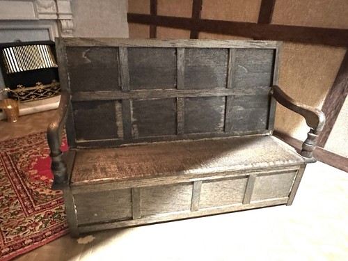 Dolls house tudor - dolls, bench
