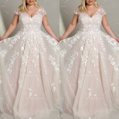 Blush pink lace wedding dress - pink,