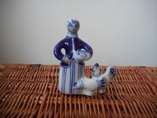 Vintage USSR Gzhel Blue/White Porcelain Figurine Woman with Chickens Height 11cm