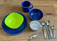 Blue Enamel  Large Plate, Mug, Bowl, 10 PIECE Camping Set   VG Condition 