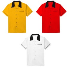 Male Retro Bowling Shirt Rockabilly Cargo Shirt Hip Hop Blouse Yellow Red White