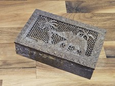 Soapstone Indian Trinket Box with Handcarved Elephant  & Palm Trees
