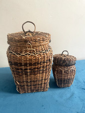Vintage Wicker Woven 2 baskets with lids 8'' and 4.5'' tall