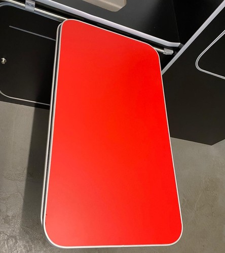Red table silver trim - trim,