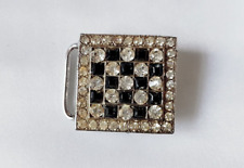 Buckle Slide ~ Checkerboard ~ Black & Clear Glass Diamantes ~ Silver Tone Metal
