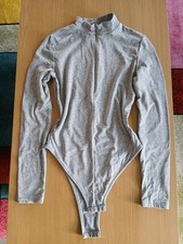 Women's Size L/Uk 10-12 Light Grey Bodysuit Long Sleeved Zip Up Top New