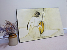 RARE Ha Van Vuong Print on Wood - Woman Zither Instrument - Large Vintage 1914