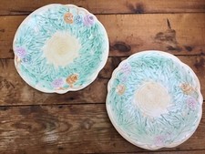 ART DECO AVON WARE FLORAL PLATES VINTAGE HAND PAINTED GREEN CREAM  RELIEF MOULD 