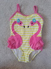 Girls 6-9 Months Swimming Costume Swim Suit. Yellow, White. Flamingos