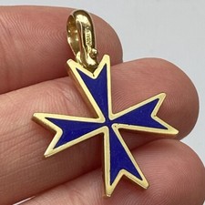 18 ct Gold Maltese Cross Pendant Vintage Blue Enamel Yellow Gold