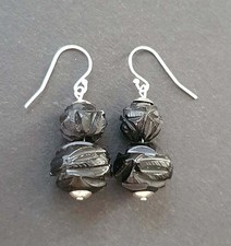 ANTIQUE STERLING SILVER CARVED WHITBY JET DROP EARRINGS