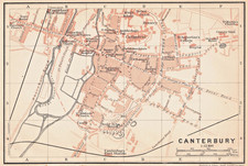 Canterbury antique map, town plan Baedeker 1910 Kent map