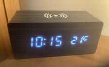 DreamPower Black Wooden Digital Alarm Clock w/ Wireless Charging