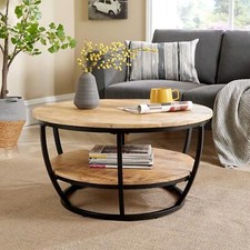 Cage Style Coffee Table Mango Wooden Top Iron Frame Storage Shelf Home Furniture