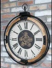 Large Wood & Metal Moving Cogs Wall Clock 74cm