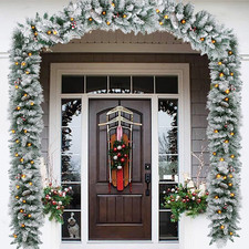 9FT Deluxe Super Thick Christmas Garland & LED Snow Flocked Fireplace Door Decor