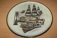 Vintage Collectable - Decorative Embossed Brass Wall Plaque / Plate - Old Ship