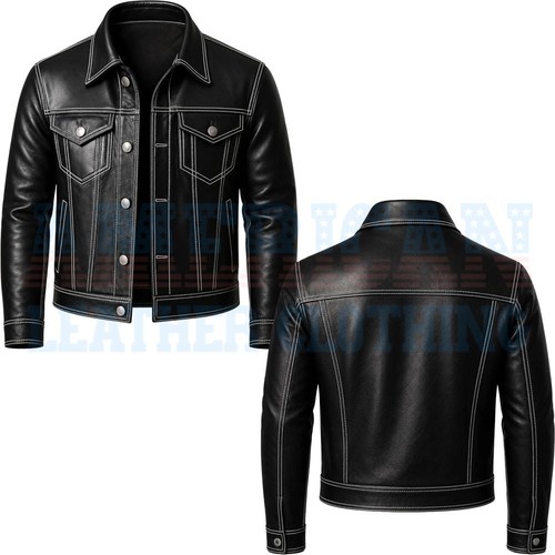 Men leather trucker jacket - leather,