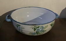 Large Vintage Blue White  and Green Enamelled Wash Bowl Basin with Side Handles
