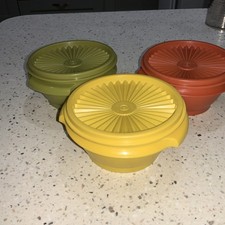 Vintage Tupperware Servalier-5" Orange Green Gold Harvest  Sunburst Lid bowls