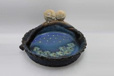 Handmade Japanese. Karahashi kiln Pottery Fruit Basket - Two Sleeping Owls - 12"