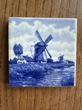 Delft Vintage Tile Hand Painted Windmill 3 Inch Square Blue & White Holland VGC