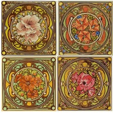Times of the Day Floral Tiles 6" Set of 4 Mucha Ladies Art Nouveau Decorated UK