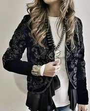 Zara Black Velvet Voluminous Jacket Embroidered Size S Small 8 10 