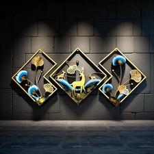 Metal Wall Art Set of 3  – Gold Deer & Ginkgo | Modern Decor