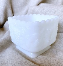 Anchor Hocking Milk Glass 1960s Vintage Square Embossed Grapevine Leaves Vase