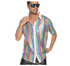 Sleeve Button Down Shirt Tops Mens 70s Disco Costume Silver Sequins Party Short