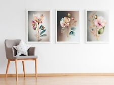 Set of 3 Watercolour Flowers Prints, Floral Botanical Posters Wall Art Pictures