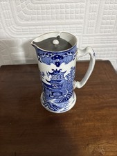 Early C20th Blue/white Willow Burleigh Ware Tall Pitcher Jug With Pewter Cover