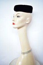 Black velvet hat pillbox union made label shallow no brim vintage Mourning funer