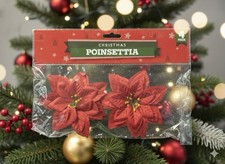 4 Pack Christmas Poinsettia Artificial Red Flowers Holiday Decor Ornaments