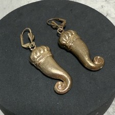RETRO Italian Horn Dangly Earrings Gold Tone Cornicello Kitsch Pretty Holiday