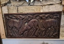 Old vintage large carved wood panel animals