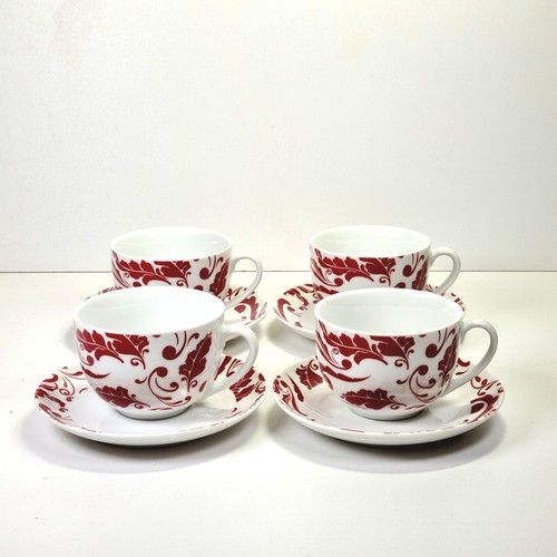 Red damask cups saucers - saucers, set
