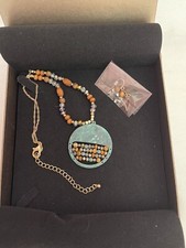 Culture Vulture Beaded Necklace, green disc pendant, matching earrings NIB