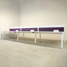 Elite Pod of 6 White 1600mm Desks with Purple D/M Screens & Power/Data – WPB001