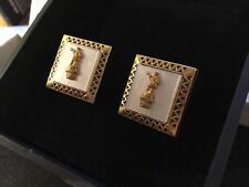 Vintage Cufflinks Damascene Mother Of Pearl Black & Gold Tone Patterned Ends VGC