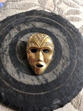 Vintage Face Mask Brooch Pin - Gold Tone Crystals Lapel Pin 