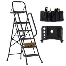 5 Step Ladder with Tool Bag & Tray, Folding Step Stool Up to 150KG, Black
