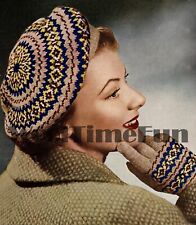 Knitting Pattern Vintage 1940s Womens  Fair Isle Beret Hat & Gloves