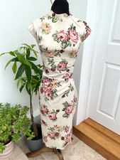 Karen Millen Oriental Dress UK 10 Cream Vtg Roses Floral Chinese Wiggle Pencil