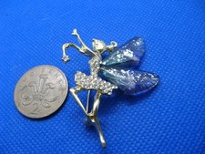 Nice Clear Rhinestone & Resin Wings Gold Tone Fairy Brooch.