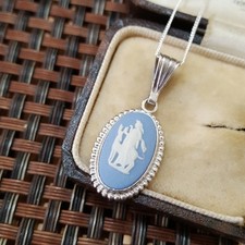 Wedgwood Vintage 925 Sterling Silver Necklace,Blue Jasperware Goddess Cameo,1973
