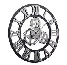 58cm Industrial Large Retro Silent Wall Clock – Steampunk Gear Design (Silver)