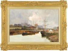 Riverside Town with Shipping Antique Oil Painting 19th Century British School