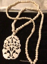 Vintage Bovine Carved Bone Pendant Necklace Floral Ornate Decor 28" Long